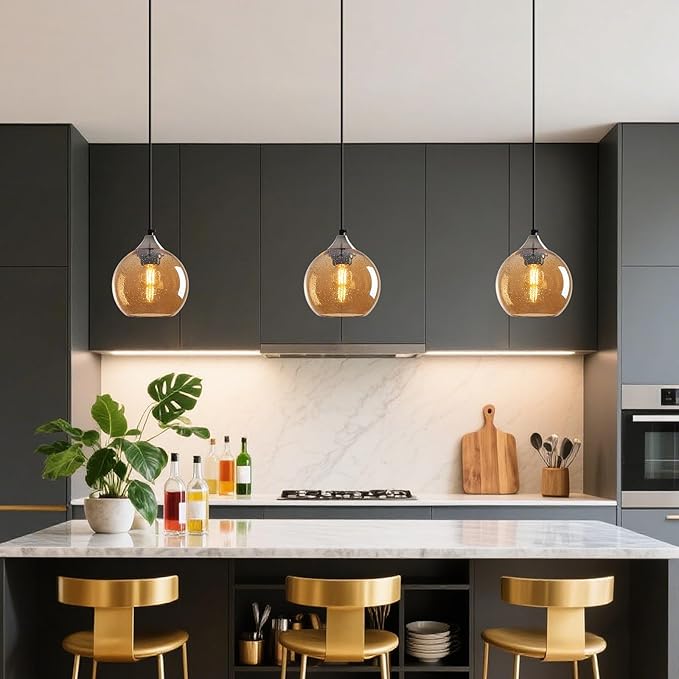 Amber Glass Pendant Lights Kitchen Island Globe Pendant Light Fixtures Modern Pendant Lighting for Bedroom Living Dining Room Light Fixture (5.9 in, 2 Pack)