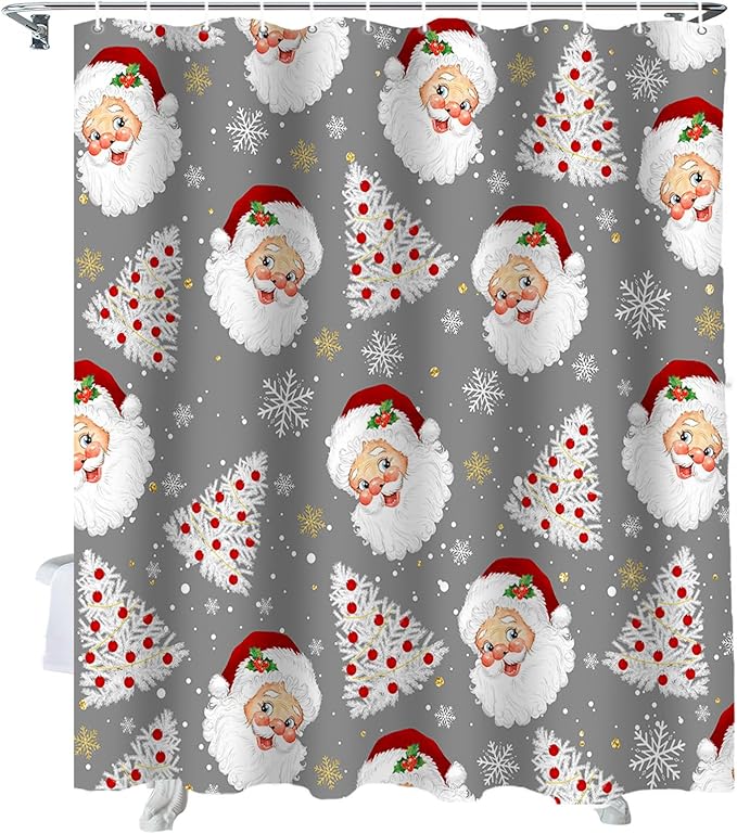 Grey Christmas Shower Curtain, Santa Claus Merry Christmas Tree Shower Curtains Set with Hooks, Winter Snowflake Waterproof Fabric Bathroom Curtains Decor Home Accessories, Stall Long 36 X 78 Inch