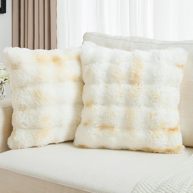 FUTEI Yellow White Decorative Throw Pillow Covers 24x24 Inch Set of 2,Soft Fuzzy Faux Rabbit Fur European Cushion Covers with Raised Texture,Neutral Boho Home Decor for Couch Bed Living Room