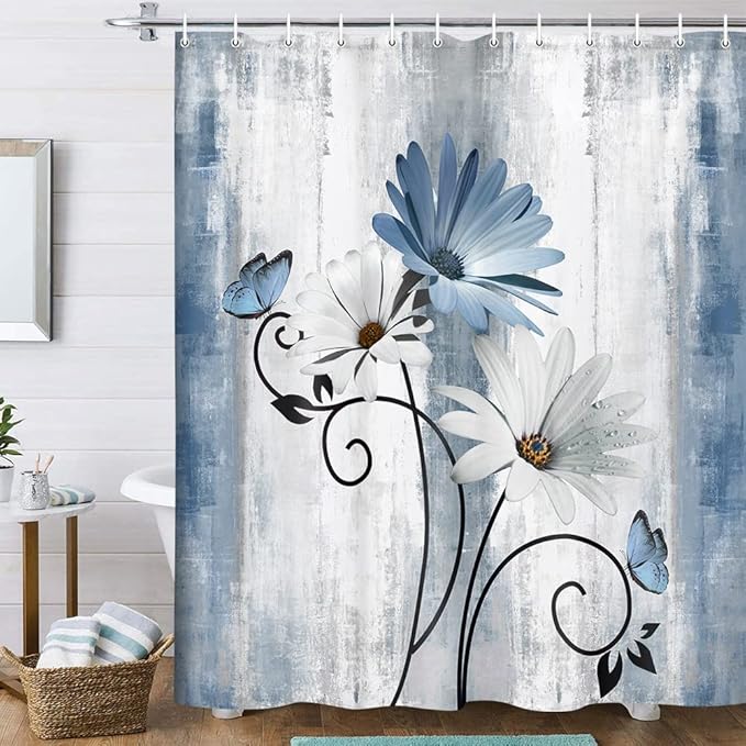 Rustic Farmhouse Shower Curtain, Farm Blue Daisy Floral Flowers and Butterfly on Country Wooden Shower Curtain for Bathroom, Turquoise Blue Bathroom Shower Curtains with 12PCS Hooks, 60X70IN