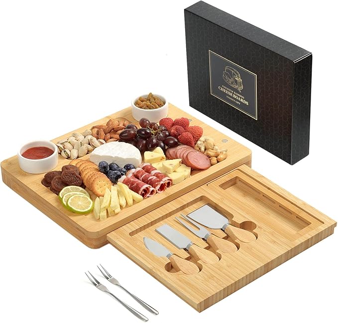Bamboo Cheese Board Set - Charcuterie Boards and Serving Meat Platter, Cheese Tray with 4 Stainless Steel, 1 Drawers, Cheese Knives Cutting Board Platter, Ideal for Halloween, Wedding