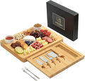 Bamboo Cheese Board Set - Charcuterie Boards and Serving Meat Platter, Cheese Tray with 4 Stainless Steel, 1 Drawers, Cheese Knives Cutting Board Platter, Ideal for Halloween, Wedding