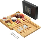 Bamboo Cheese Board Set - Charcuterie Boards and Serving Meat Platter, Cheese Tray with 4 Stainless Steel, 1 Drawers, Cheese Knives Cutting Board Platter, Ideal for Halloween, Wedding