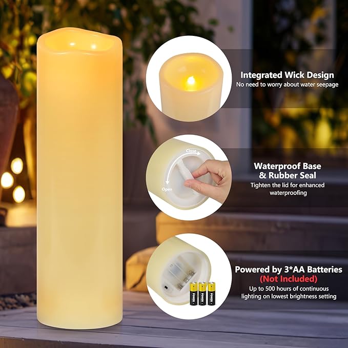 Kimjo 14" x 4" Large Outdoor Candles with Remote: Battery Operated LED Flameless Candles with Timer - Realistic Fake Waterproof Flickering Pillar Candles for Patio Porch Lanterns (Ivory 2 Pack)