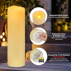 Kimjo 14" x 4" Large Outdoor Candles with Remote: Battery Operated LED Flameless Candles with Timer - Realistic Fake Waterproof Flickering Pillar Candles for Patio Porch Lanterns (Ivory 2 Pack)