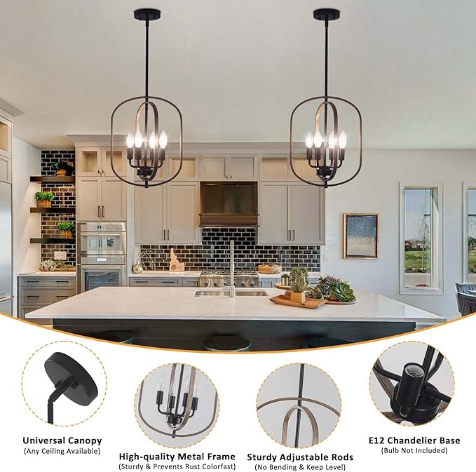 Modern Farmhouse Chandeliers for Dining Room Light Fixture 4 Light Adjustable Pendant Lights Kitchen Island Faux Wood Rustic Hanging Small Kitchen Chandelier for Entryway Living Room Foyer Hallway