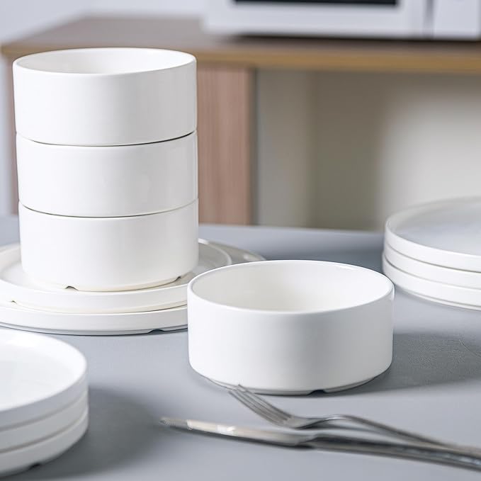 24 Pcs Porcelain Dinnerware Set for 8, White Chip and Scratch Resistant Dinner Set, Kitchen Plates and Bowls Set - Dishwasher & Microwave Safe Dinging Dishes Set, QOMO-1996