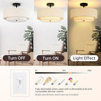 16" Semi Flush Mount Ceiling Light, 3-Light Drum Ceiling Light Fixture with 2-Tier Fabric Linen Shade, Farmhouse Chandelier for Dining Room, Living Room, Bedroom, Kitchen, Hallway, Entryway