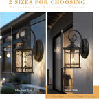 Emliviar Outdoor Wall Sconces 2 Pack, 12.4 Inch Outdoor Front Porch Lights with Water Ripple Glass in Black Finish, XE229BWG-S-2PK BK