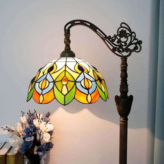 Tiffany Floor Lamp Green Peacock Tail Painted Glass Orange Adjustable Upright Reading Floor Lamp Living Room Dining Room Bedroom Tiffany Style Retro Home Lamp Light Luxury Home Decoration Art Lighting