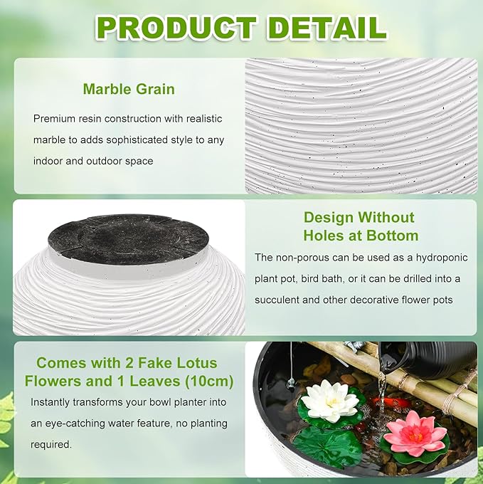 13.7inch Large Lotus Bowl Planter Garden Water Plant Pot Bird Bath Bowl Landscaping Planter Water Lily Pots for Outdoor Indoor Planting in Water Small Fountain Base Mini Fish Pond (White)