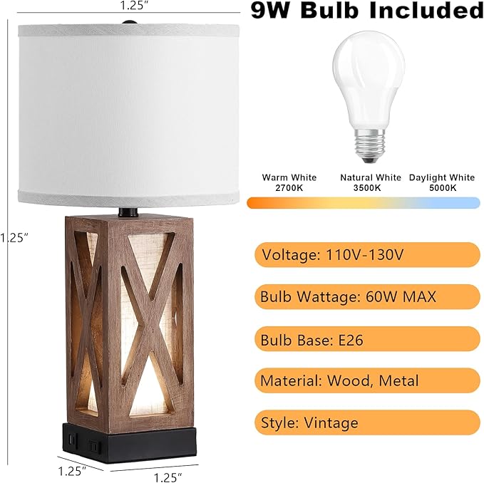 Set of 2 Wood Table Lamp, Vintage Nightstand Lamp with USB Charging Ports A/C, Farmhouse Bedside Lamps for Living Room
