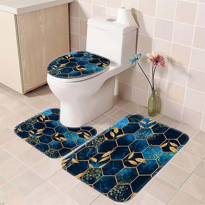 4 Pcs Bathroom Shower Curtain Set, Includes Bath Mat,U Shape Mat and Toilet Lid Cover, 12 Hooks, Black & Blue Honeycomb Marble with Gold Leaves Design, 70.8x70.8 Inches, Waterproof Fabric.