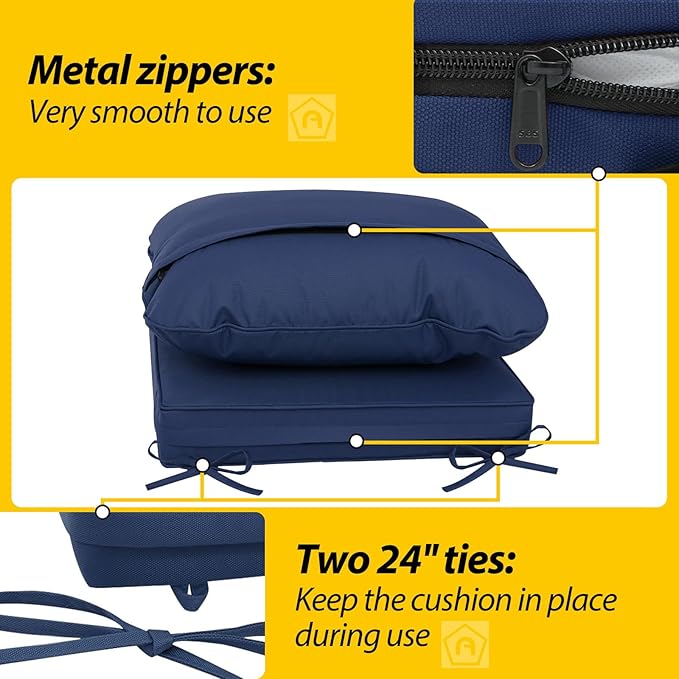 AAAAAcessories Outdoor Deep Seat Cushions, Waterproof, Fade-Resistant Patio Furniture Replacement Cushions, 25.5" x 25.5" x 5" + 25.5" x 19", Set of 2, Navy Blue