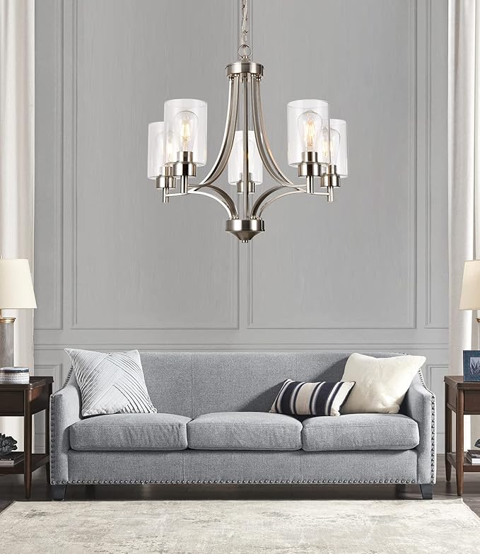 Brushed Nickel Chandelier Dining Room Light Fixture Kitchen Chandeliers Over Table Modern 5-Light Clear Glass Pendant Lighting Adjustable Chain Hanging for Foyer Bedroom Bathroom Hallway