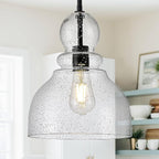 10" Seeded Glass Pendant Lights Kitchen Island Black Pendant Ceiling Light with Hand-Blown Clear Glass Over Dining Table Kitchen Sink Entryway Hallway, E26