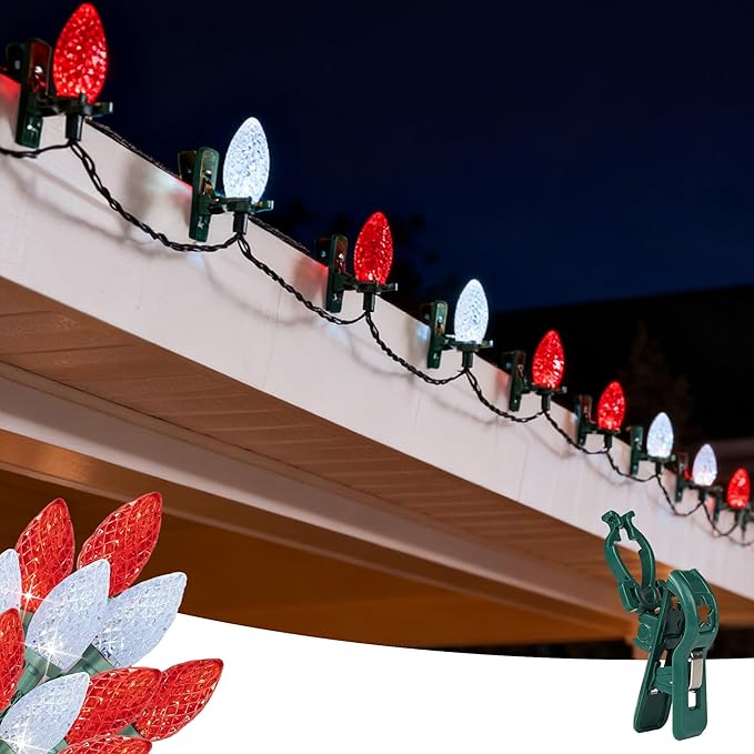Dazzle Bright C9 Christmas String Lights, 100 LED 66 FT Waterproof Connectable Fairy Lights with 100 Spring Clips Timer, Christmas Decoration for Outdoor Roofline Home Garden Yard Tree (Red & White)