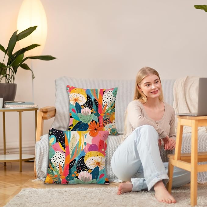 JINYO Abstract Boho Floral Pillow Covers 18x18 Set of 2, Maximalist Eclectic Plants Decorative Throw Pillow Cases, Trendy Colorful Botanical for Couch Living Room Bedroom Home Decor