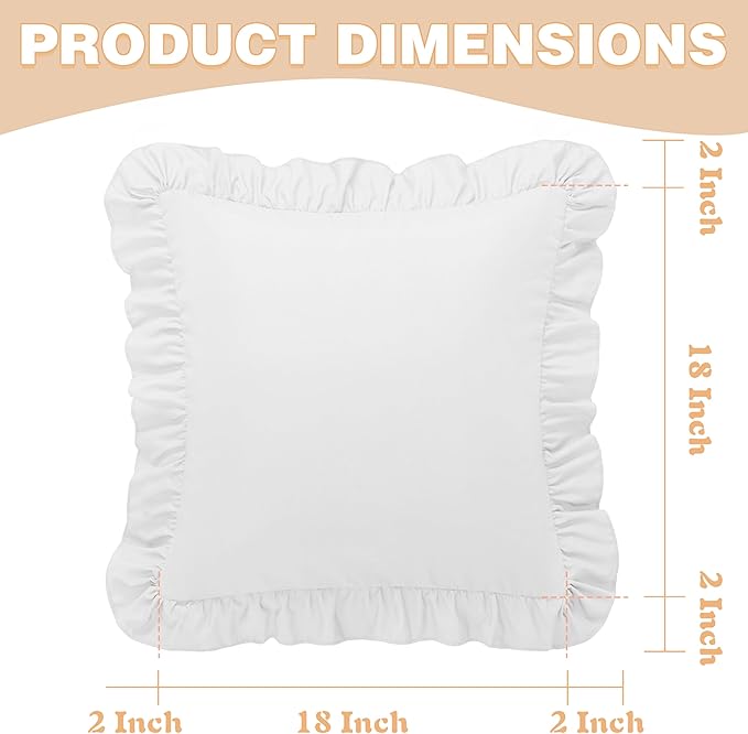KKJIAF Ruffle Pillow Cases 18x18 Inches, White Square Ruffled Pillow Covers Set of 2, Microfiber Wrinkle Resistant Pillow Shams with Envelope Closure for Sofa Bed Living Room