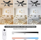 Ceiling Fans with Lights, 52 Inch Low Profile Ceiling Fan with Light and Remote Control, Flush Mount, Reversible, 3CCT, Dimmable, Quiet, Black Ceiling Fan for Bedroom Indoor/Outdoor Use