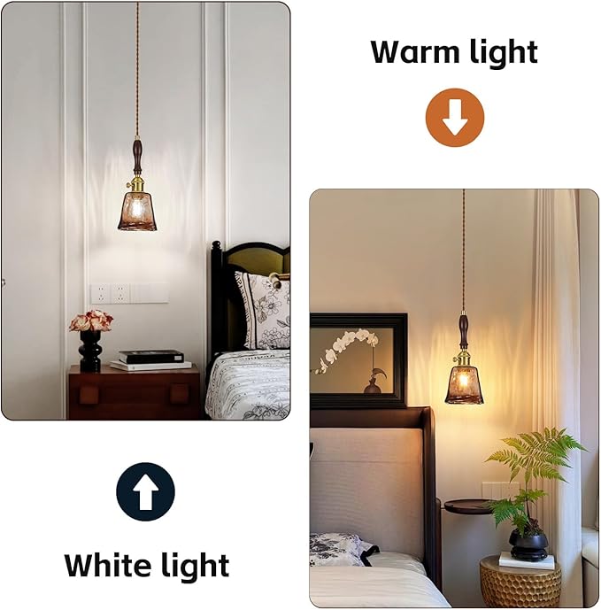 Amber Glass Vintage Pendant Light Height Adjustable Handmade Glass Pendant Lights Kitchen Island Gold Hanging Light Fixture with Wood Handle for Bedroom Dining Room Hotel (2Pack)