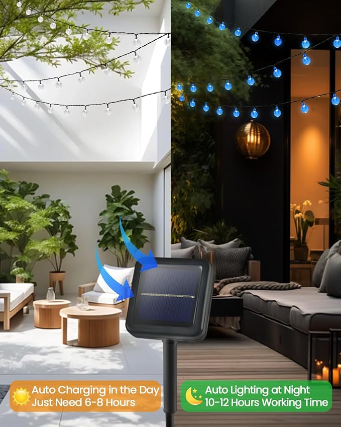 LORRYTE 2-Pack 120 LED Blue Solar Christmas Lights Outdoor - 72FT Crystal Globe Waterproof Solar String Lights with 8 Lighting Modes for Christmas Decorations, Garden, Patio, Party, Porch