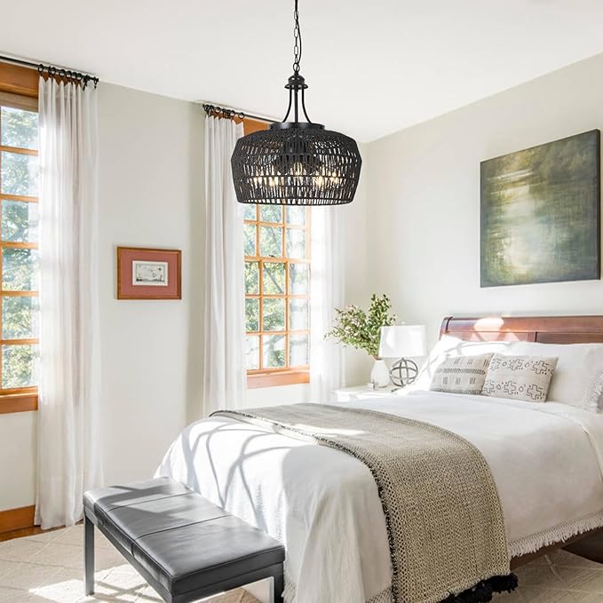 HMVPL Black Rattan Chandeliers for Dining Room, 5-Light Farmhouse Chandelier Light Fixture with Wicker Lampshade, Large Boho Coastal Hanging Pendant Lightting for Kitchen Island Bedroom Living Room