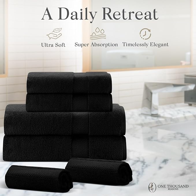 Premium Staple Cotton Bathroom Towel Set - Black 600 GSM 6-Piece Luxury Bath Towel Set 1 Stripe - 2 Bath Towels, 2 Hand Towels & 2 Washclothes Set - High Absorbent & Quick Dry for Gym, Spa, Hotel