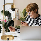 Lynnoland Set of 2 Industrial Table Lamps with USB C+A Ports and Outlet, Brass Fully Stepless Dimmable Bedside Lamps, Nightstand Lamps with Clear Glass Shade for Living Room Office (2 LED Bulb)