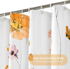 QIYI Watercolor Floral Shower Curtain, 3D Embossed Butterflies Orange Pink Flower Bathroom Curtain, Minimalist White Cloth Bath Curtain, Waterproof Fabric Textured Shower Curtain Set with Hooks, 72x72