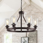 6-Light Farmhose Chandelier for Dining Room Light Fixture Oil Rubbed Bronze Kitchen Pendant Light Round Rustic Ceiling Hanging Lighting with Glass Globes Adjustable Height Metal E26