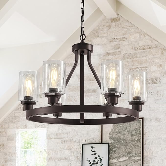 6-Light Farmhose Chandelier for Dining Room Light Fixture Oil Rubbed Bronze Kitchen Pendant Light Round Rustic Ceiling Hanging Lighting with Glass Globes Adjustable Height Metal E26