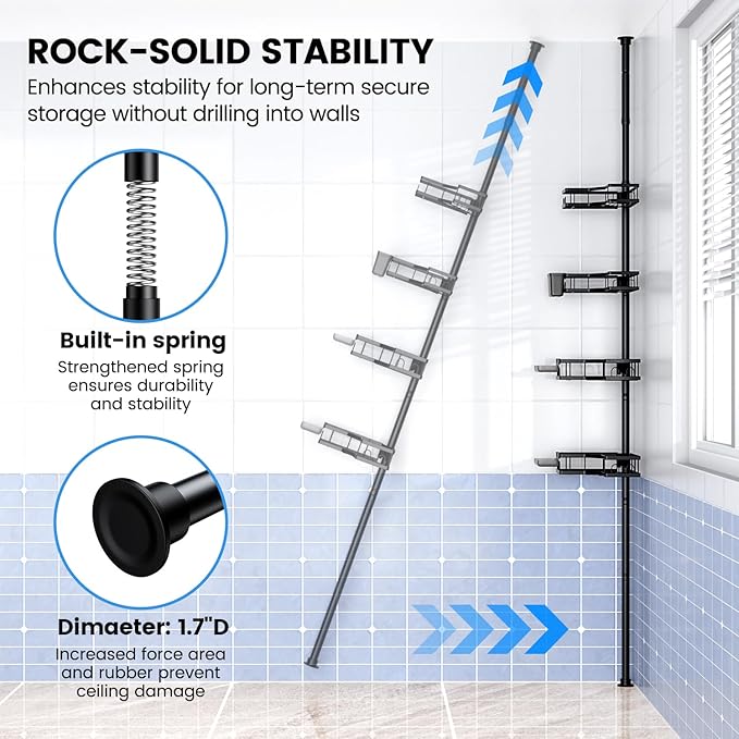Corner Shower Caddy Tension Pole: 4tier Adjustable Rustproof Bathroom Organizer Shelves - Bathtub Shampoo Rack 43.5-120 inch