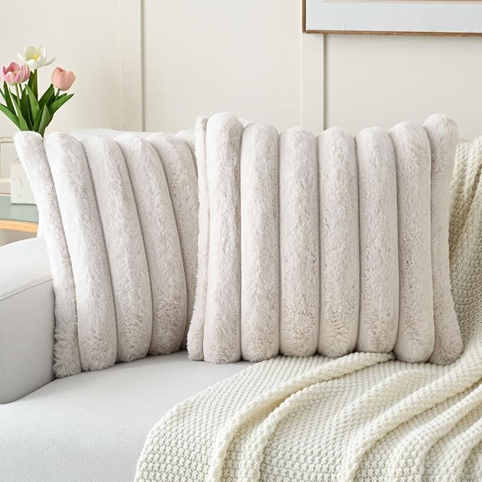 FUTEI Beige Decorative Throw Pillow Covers 24x24 Inch Set of 2, Square Soft Faux Rabbit Fur Big Striped Pillow Sham,Home Decor for Couch Sofa Bed Living Room