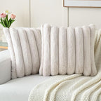 FUTEI Beige Decorative Throw Pillow Covers 26x26 Inch Set of 2, Square Soft Faux Rabbit Fur Big Striped Pillow Sham,Home Decor for Couch Sofa Bed Living Room