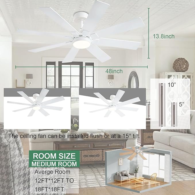 KNUN 48 Inch White Ceiling Fans with Lights and Remote/APP Control, Low Profile Ceiling Fan, 8 Blades，LED Dimmable, Reversible DC Motor, Noiseless Ceiling Fans for Bedroom Indoor/Outdoor Use