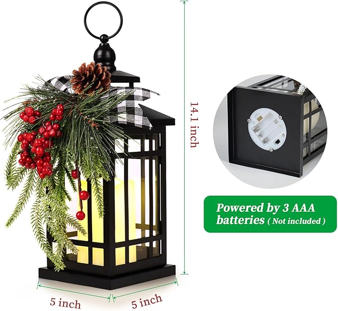 Metal Christmas Decorative Candle Lantern with Led Light,Plaid Ribbon,Lighted Hanging Vintage Lanterns for Home Decor Table Fireplace Porch Indoor Outdoor Decorations,Serpro