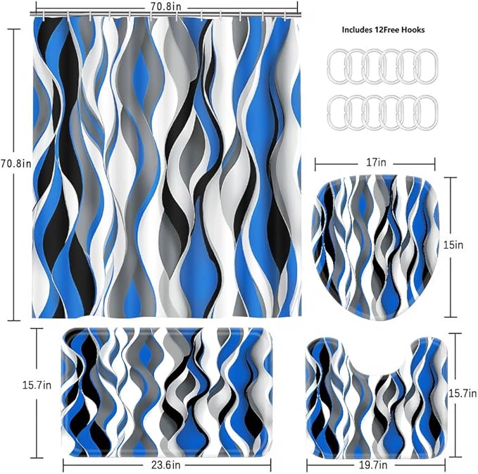 Modern Striped Shower Curtain Set with Waterproof Fabric, 70.8x70.8 Inches, Includes 12 PCS Hooks - Blue, Black, White, Grey Design, Home Bathroom Decor with Rugs and Toilet Lid Cover.