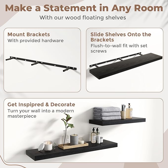 Floating Shelves for Wall with Invisible Brackets, Wall Mounted Engineered Wood Shelves with Wood Grain for Living Room, Bedroom, Bathroom, Kitchen Decor and Storage, Oak, 55"L Set of 2, Black