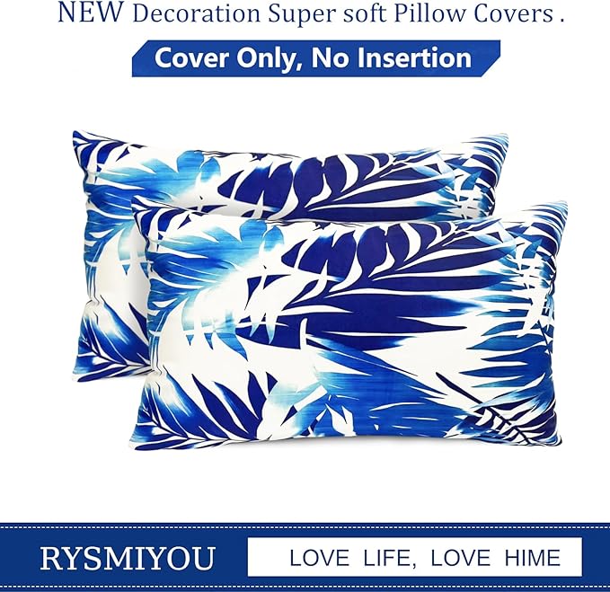 Decorative Throw Pillow Covers Set of 2 Blue Leaves of Tropical Pillow Covers 12x20 inch Soft Short Plush Square Throw Pillows,Farmhouse Outdoor Pillow Covers for Couch Sofa Living Room