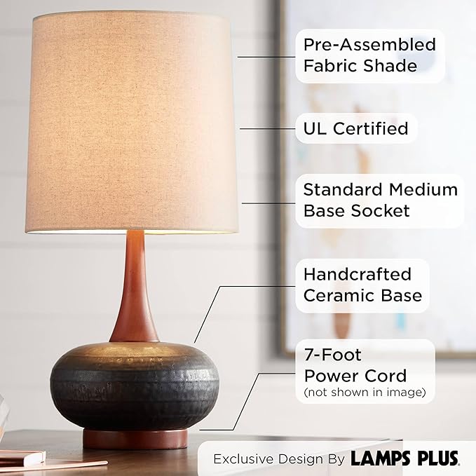 360 Lighting Andi Mid Century Modern Table Lamp 24.5" High Hammered Bronze Ceramic Wood Off White Tall Drum Shade for Living Room Bedroom House Bedside Nightstand Home Office (Color May Vary)