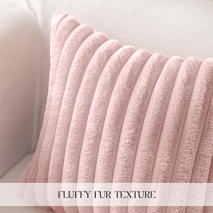 MOSAYT Spring Faux Fur Throw Pillow Covers 16x16, Set of 2, Plush Velvet Soft Pillow Case,Fluffy Striped Decorative Couch Pillow Covers for Sofa, Bedroom, Living Room(Pink)