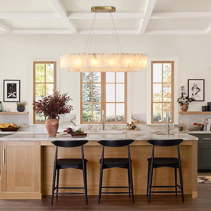 L40in Alabaster Rectangular Chandelier for Dining Room, Modern White Marble Oval Chandeliers for Kitchen Island, Rectangle Chandelier for Dining Table (Dimmable Bulbs INCL)