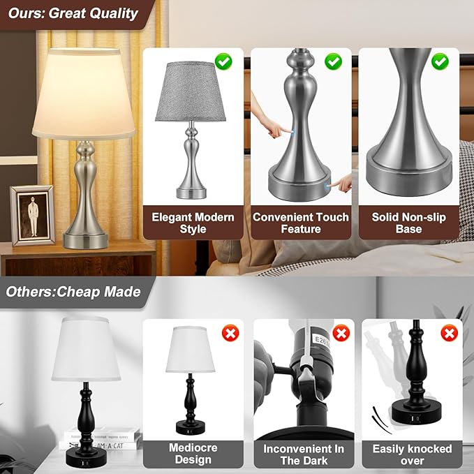 Seealle Touch Lamps for Night Stands - Bedside Lamps Set of 2, 3 Way Dimmable, USB C+A for Bedroom & End Tables (White&Nickel)