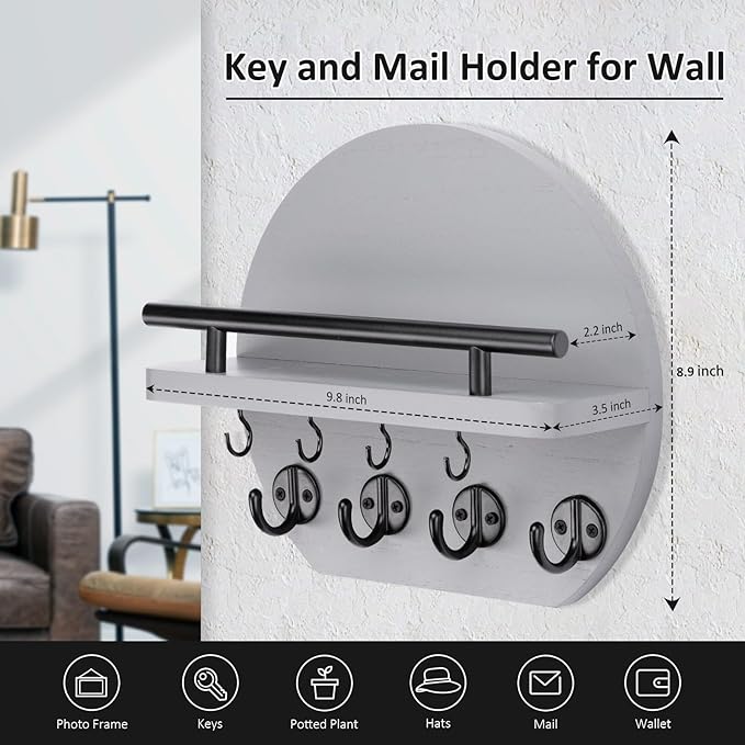 Nekon Key Holder for Wall - 9.8 Inch Apartment Wall Decor with Shelf and 8 Key Hooks, Circular Wood Key Hanger for Home Decor (Gray)