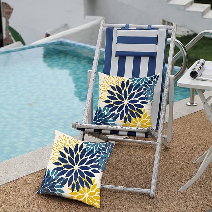 DFXSZ Blue Yellow Flower Pillow Covers 18x18 Inch Set of 2 Outdoor Throw Pillows Outdoor Waterproof Decor for Living Room Sofa Patio Funiture Garden Floral Polyester Pillow Covers 012D18