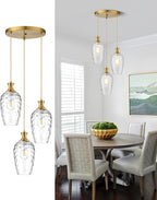 3-Light Pendant Lighting, Modern Brushed Gold Dining Room Chandelier Light Fixture Over Table with Hammered Glass, Brass Cluster Hanging Lights for Kitchen Island Dining Room Bedroom, E26