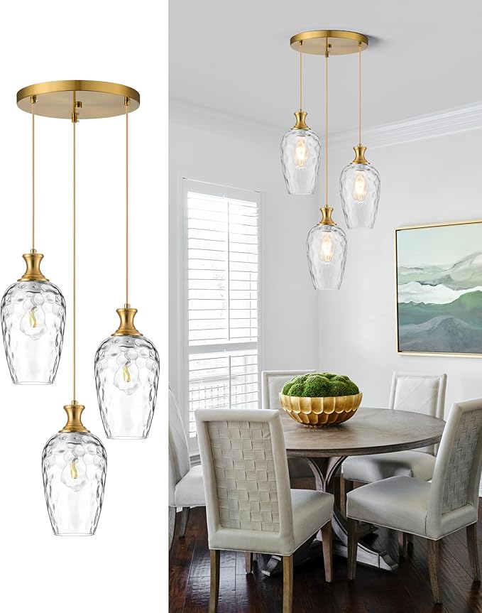 3-Light Pendant Lighting, Modern Brushed Gold Dining Room Chandelier Light Fixture Over Table with Hammered Glass, Brass Cluster Hanging Lights for Kitchen Island Dining Room Bedroom, E26
