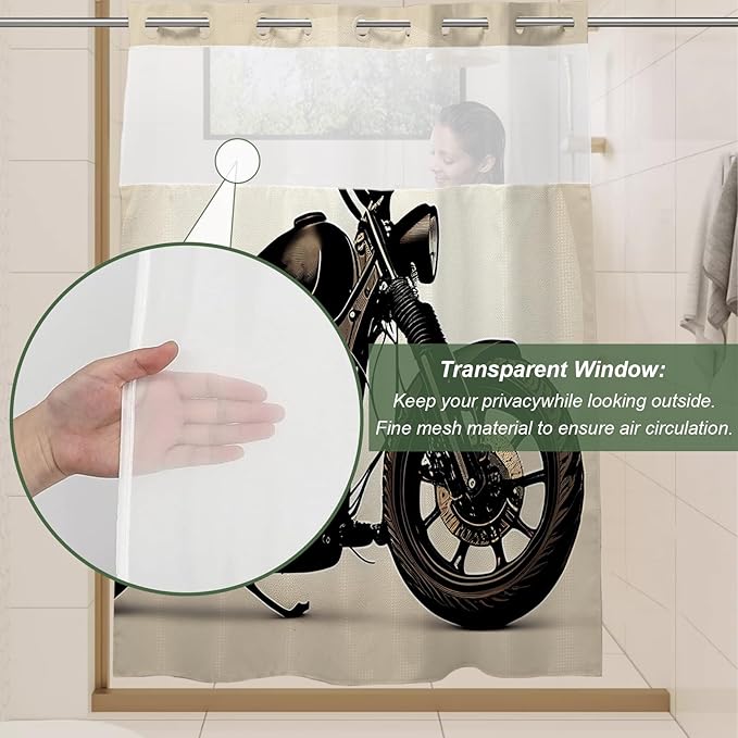 Cool Man Theme Motorcycle Shower Curtain with Snap in Fabric Liner Set, Detachable Liner, See Through Mesh Top Window, Waterproof Washable 72" W x 74" H Black and White