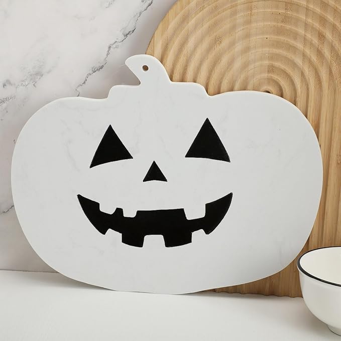 Halloween Marble Pumpkin Cheese Board Charcuterie Cutting Tray Marble Serving Decorative for Decoration Charcuterie Kitchen(White)